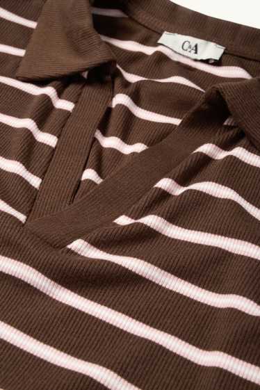 Donna - Polo corta - slim fit - a coste - a righe - marrone scuro