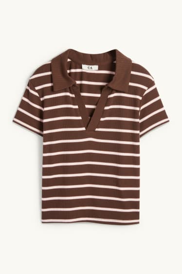 Donna - Polo corta - slim fit - a coste - a righe - marrone scuro