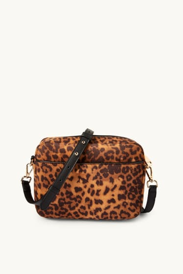 Damen - Umhängetasche mit abnehmbarem Taschengurt - Leo-Print - schwarz / beige