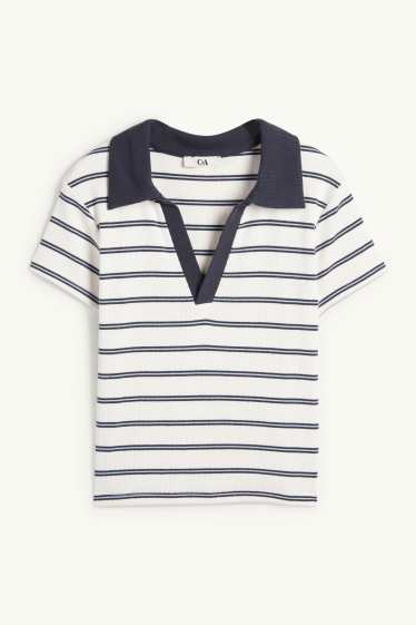 Donna - Polo corta - slim fit - a coste - a righe - blu / bianco