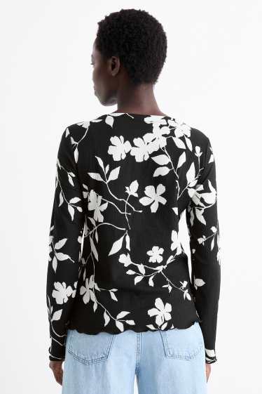 Women - Long sleeve top - regular fit - floral - textured - black / white