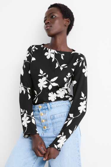 Women - Long sleeve top - regular fit - floral - textured - black / white