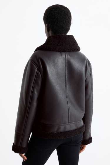 Damen - Faux Shearling Jacke - Lederimitat - schwarz