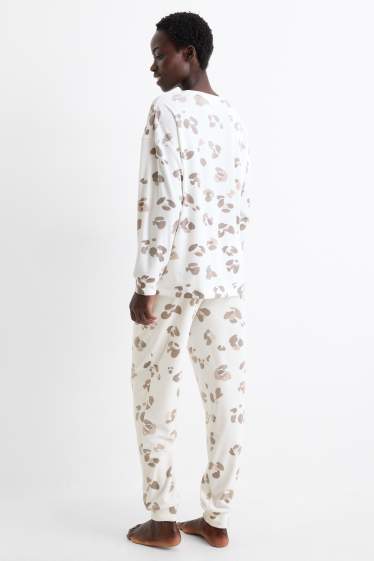 Damen - Winterpyjama - Leo-Print - weiß