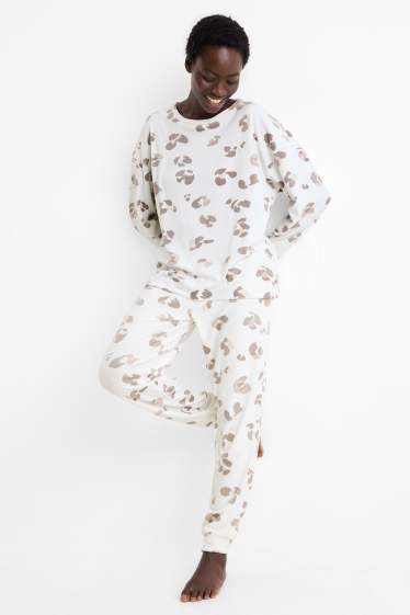 Damen - Winterpyjama - Leo-Print - weiß