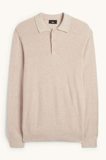 Herren - Langarm-Poloshirt - Regular Fit - gestrickt - strukturiert - hellbeige