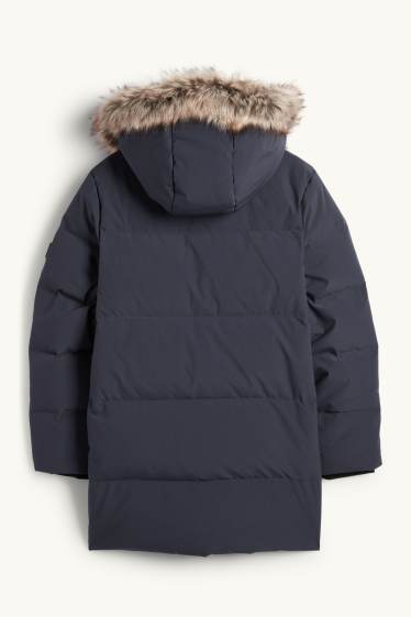 Enfants garçons - Doudoune en duvet avec capuche et garniture en imitation fourrure - bleu foncé