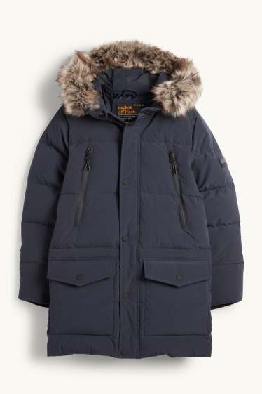 Enfants garçons - Doudoune en duvet avec capuche et garniture en imitation fourrure - bleu foncé
