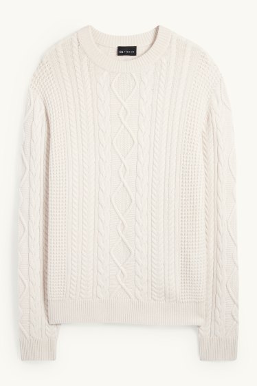 Men - Jumper with cashmere - wool blend - cable knit pattern - cremewhite