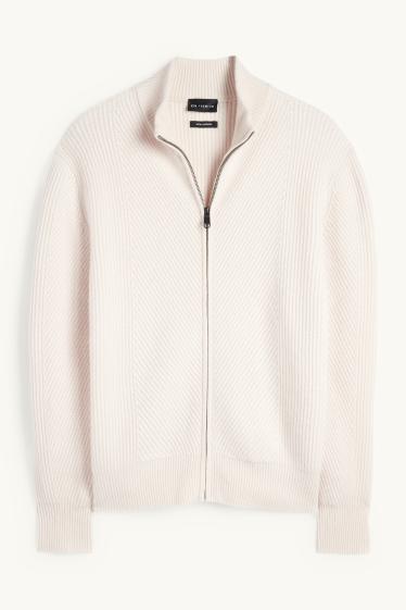 Bărbați - Cardigan tricotat cu conținut de cașmir - amestec de lână - reiat - alb-crem