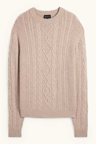 Men - Jumper with cashmere - wool blend - cable knit pattern - taupe