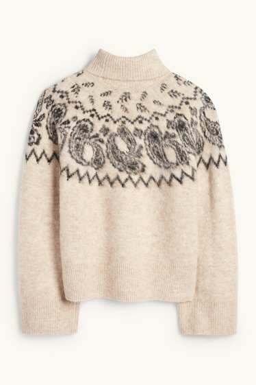 Damen - Rollkragenpullover - gemustert - schwarz / beige