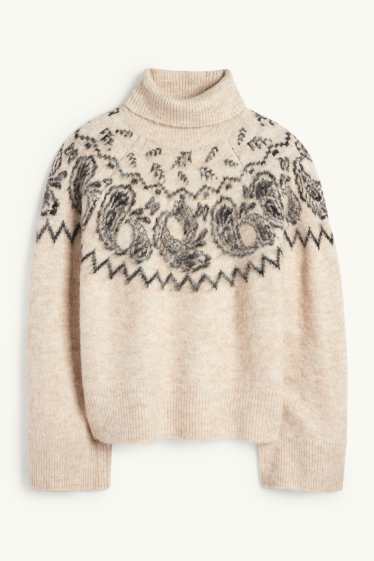 Damen - Rollkragenpullover - gemustert - schwarz / beige