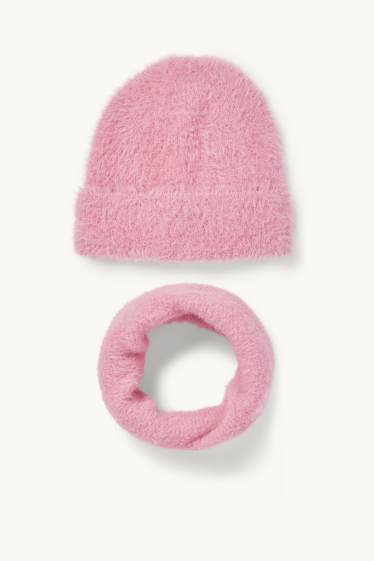 Copii - Fete - Set - căciulă și fular circular - 2 piese - roz
