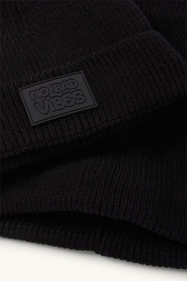 Kinder Buben - Set - Mütze und Loop Schal - 2 teilig - gerippt - schwarz
