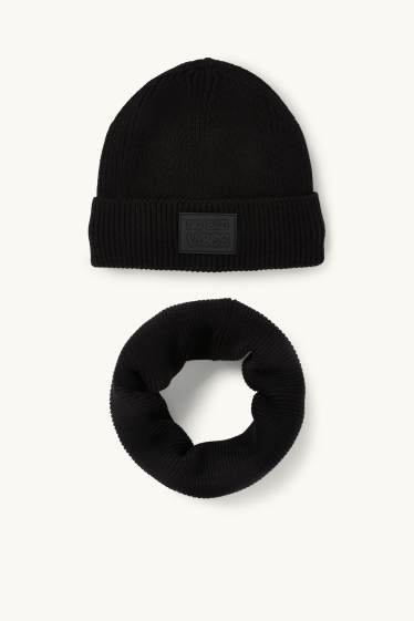 Kinder Buben - Set - Mütze und Loop Schal - 2 teilig - gerippt - schwarz