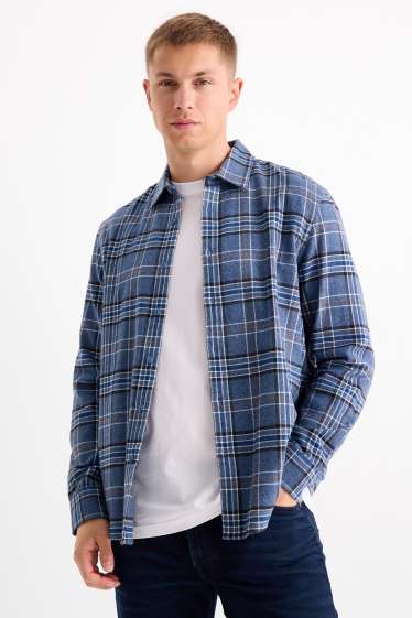 Pánské - Flanelová košile - regular fit - kent - kostkovaná - modrá