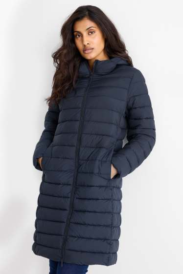 Women - Quilted coat with hood - dark blue