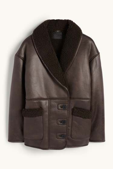 Dames - Shearling jas - imitatieleer - donkerbruin