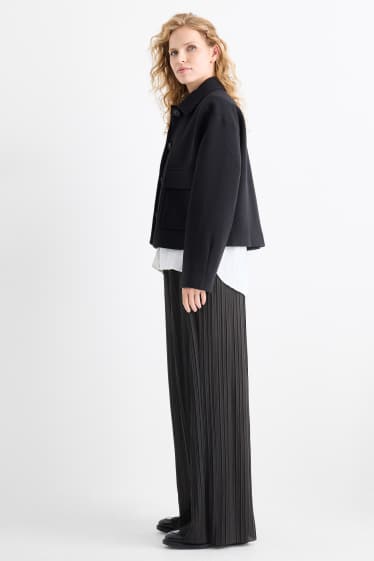 Women - Plissé trousers - high-rise waist - wide leg - black