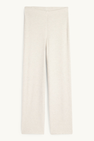 Women - Knitted trousers - mid-rise waist - wide leg - ribbed - light beige