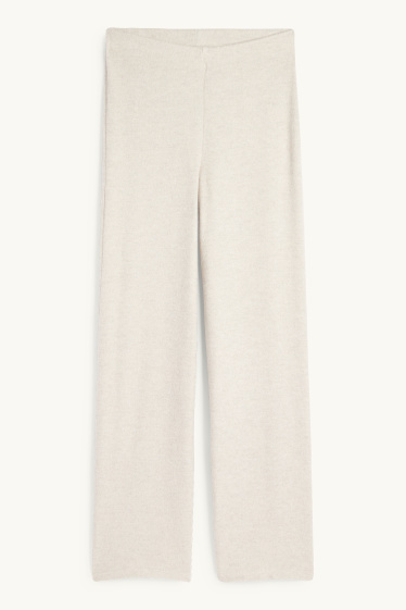 Women - Knitted trousers - mid-rise waist - wide leg - ribbed - light beige