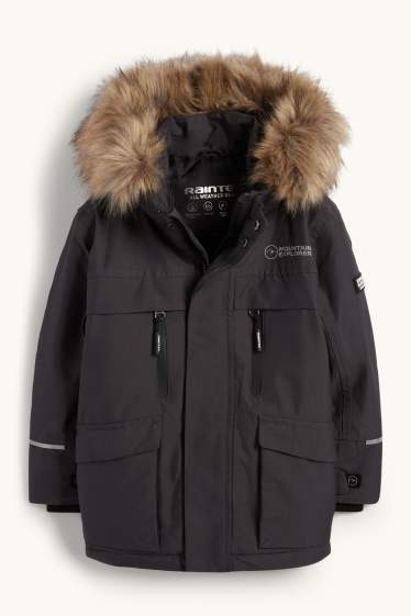 Enfants garçons - Manteau de pluie avec capuche avec garniture en imitation fourrure - doublé - gris foncé