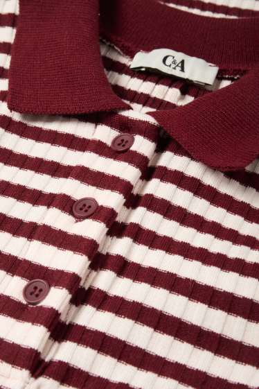 Dona - Polo de mànigues llargues - slim fit - acanalat - de punt - vermell fosc /negre