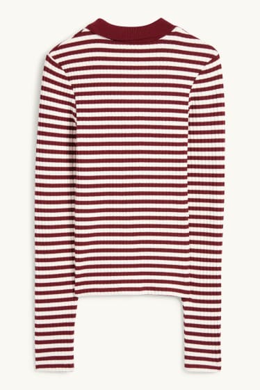 Dona - Polo de mànigues llargues - slim fit - acanalat - de punt - vermell fosc /negre