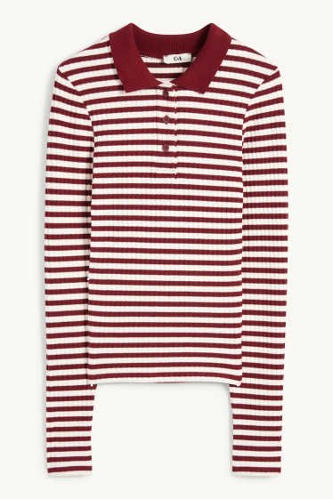 Dona - Polo de mànigues llargues - slim fit - acanalat - de punt - vermell fosc /negre