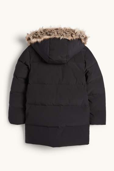 Enfants garçons - Doudoune en duvet avec capuche et garniture en imitation fourrure - noir