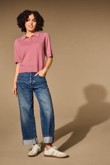 Dámské - Pletený kašmírový svetr - s krátkým rukávem - růžová