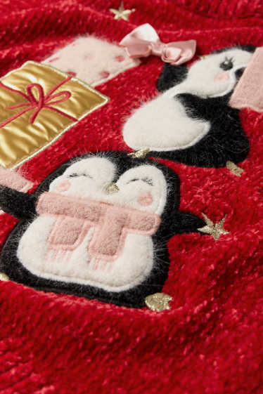 Copii - Fete - Pinguin - pulover din găitan cu motive de Crăciun - roșu