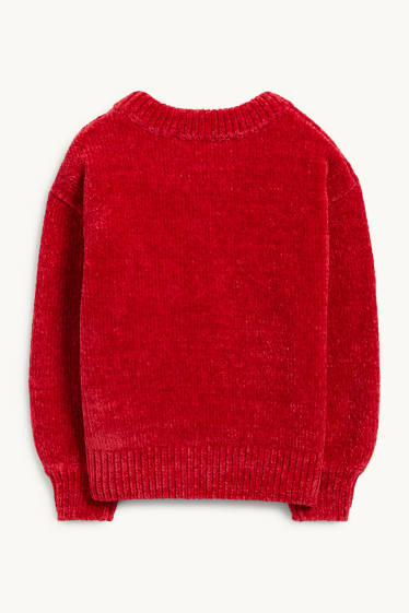 Copii - Fete - Pinguin - pulover din găitan cu motive de Crăciun - roșu