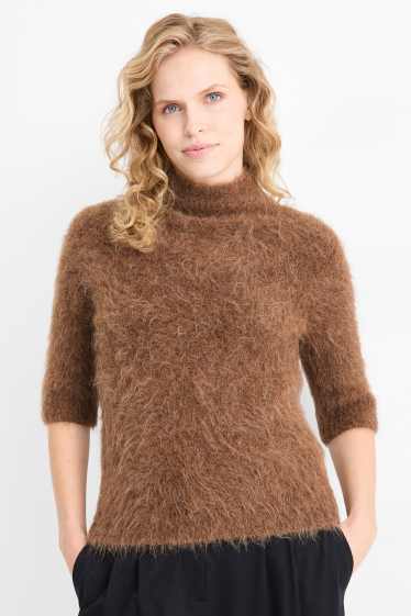 Dámské - Pletený svetr - s krátkým rukávem - směs alpakové vlny - hnědá