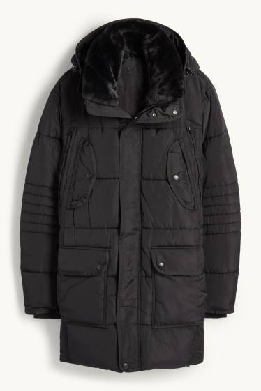 Hombre - Parka acolchada con capucha y pelo sintético - hidrófuga - negro