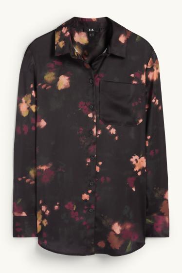 Donna - Blusa in raso - a fiori - nero