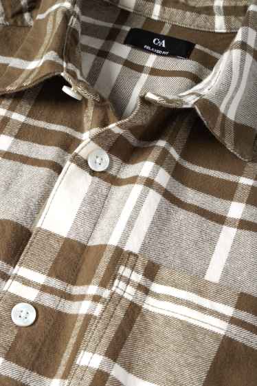 Hommes - Chemise en flanelle - regular fit - col kent - à carreaux - blanc / beige