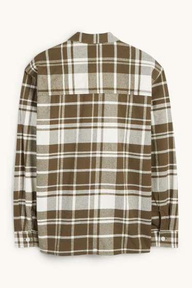 Hommes - Chemise en flanelle - regular fit - col kent - à carreaux - blanc / beige