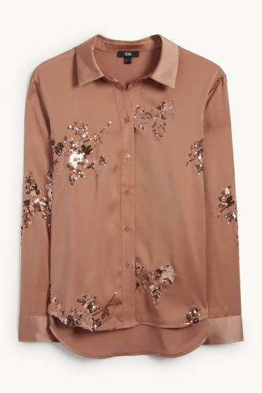 Femmes - Chemisier en satin - effet brillant - motif à fleurs - marron clair