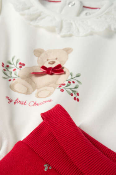 Bebeluși - fete - Ursuleț de pluș - compleu bebeluși, cu motive de Crăciun - căptușit cu pluș - alb / roșu