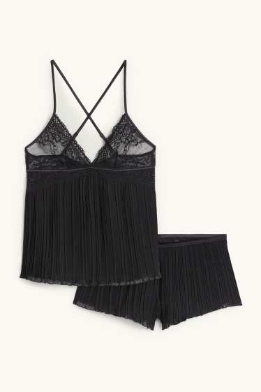 Damen - Plissee-Shorty-Pyjama - schwarz