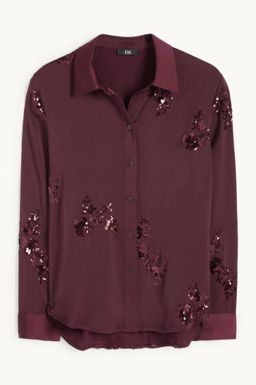 Femmes - Chemisier en satin - effet brillant - motif à fleurs - violet