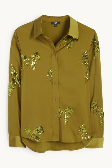 Femmes - Chemisier en satin - effet brillant - motif à fleurs - vert