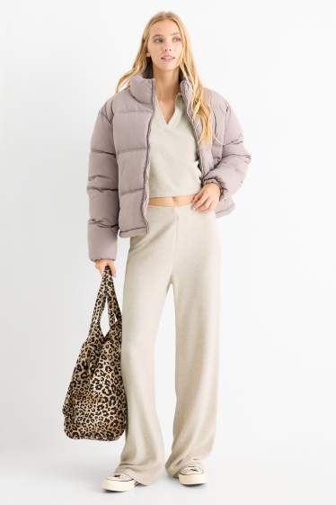 Women - Knitted trousers - mid-rise waist - wide leg - ribbed - light beige