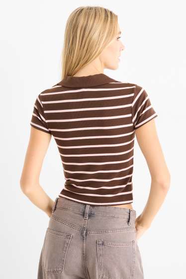 Donna - Polo corta - slim fit - a coste - a righe - marrone scuro