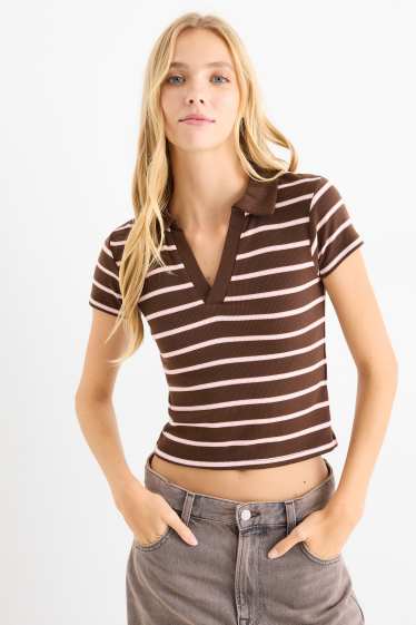 Donna - Polo corta - slim fit - a coste - a righe - marrone scuro