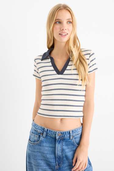 Donna - Polo corta - slim fit - a coste - a righe - blu / bianco