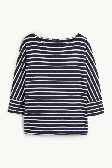 Femei - Tricou cu mânecă lungă - regular fit - cu dungi - albastru închis / alb-crem