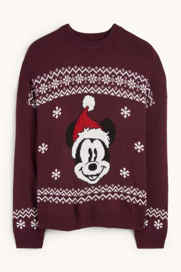 Damen - Weihnachtspullover - Micky Maus - bordeaux